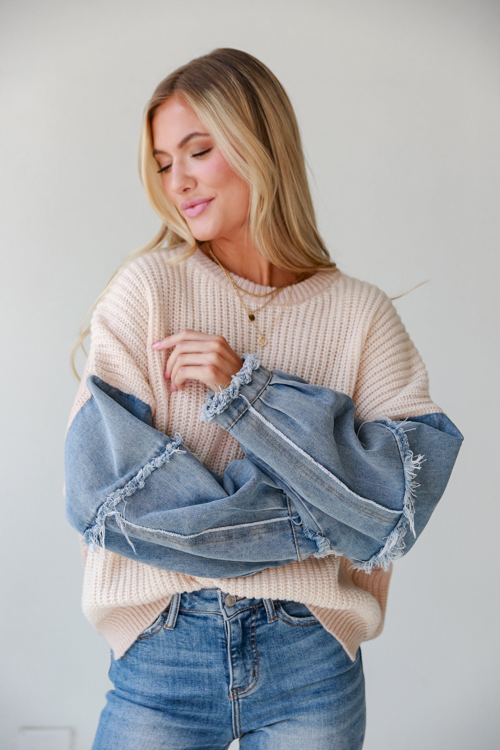 Stylish Direction Ivory Denim Sleeve Oversized Sweater