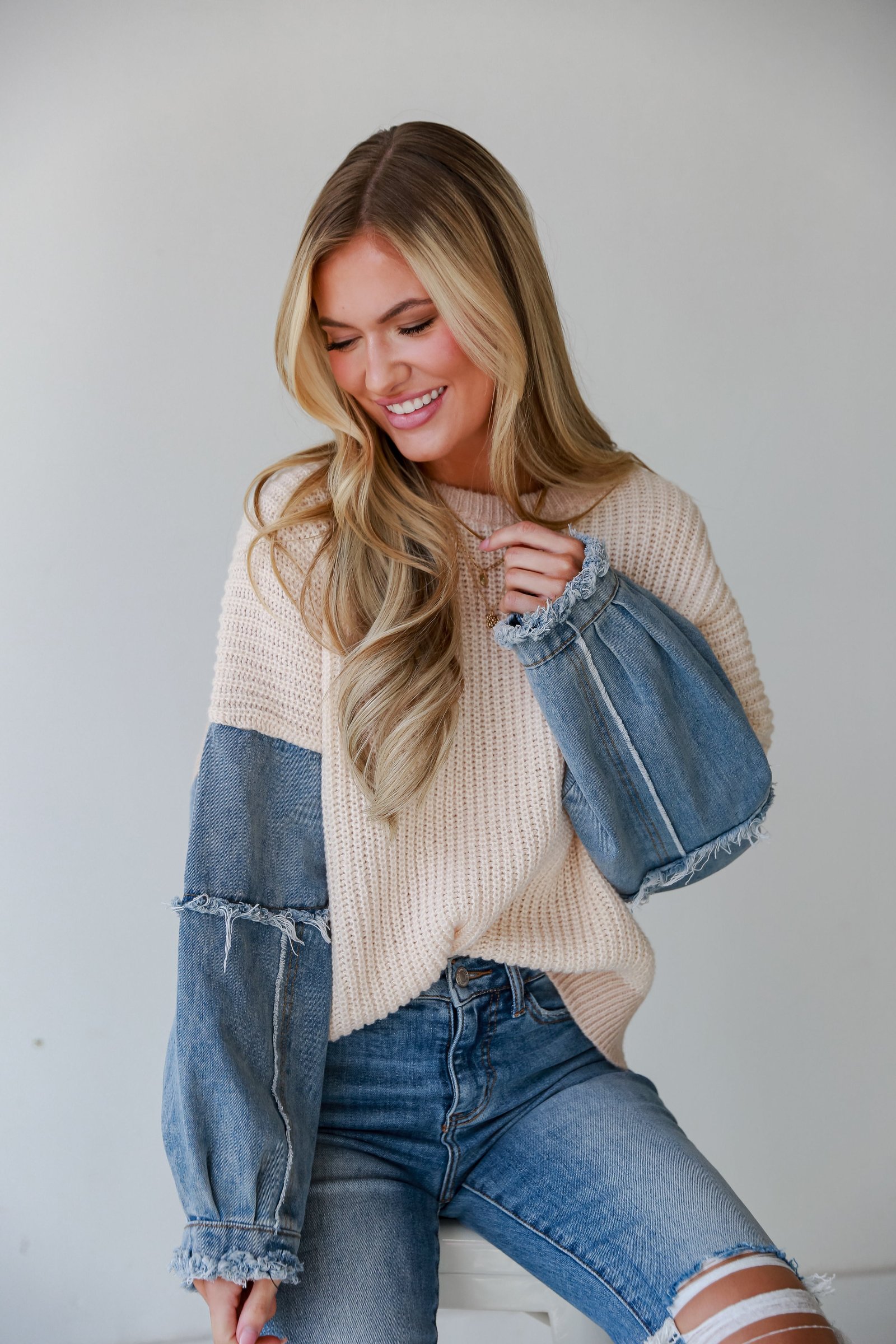 Stylish Direction Ivory Denim Sleeve Oversized Sweater