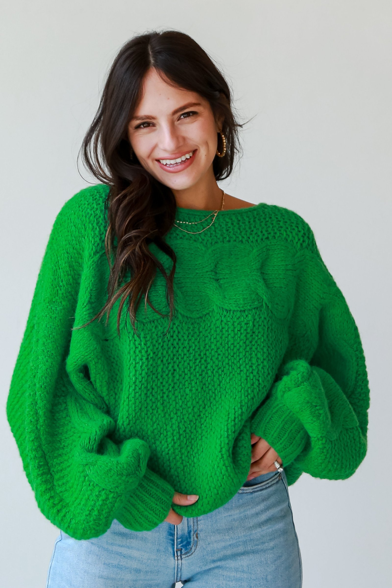 Luxe Outing Kelly Green Cable Knit Oversized Sweater