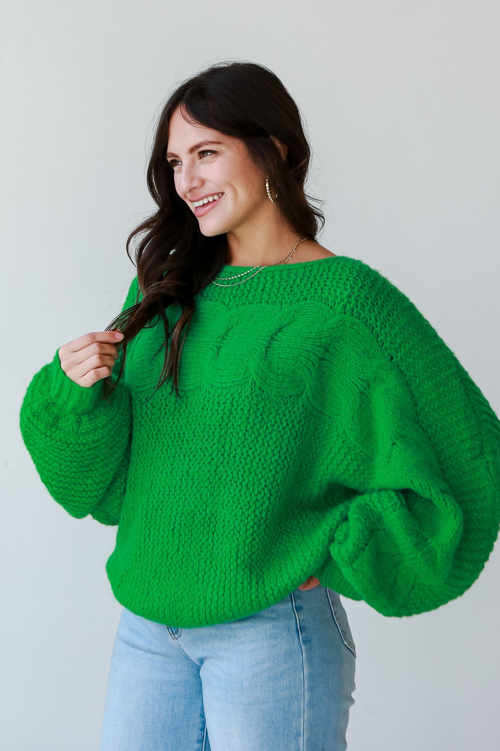 Luxe Outing Kelly Green Cable Knit Oversized Sweater