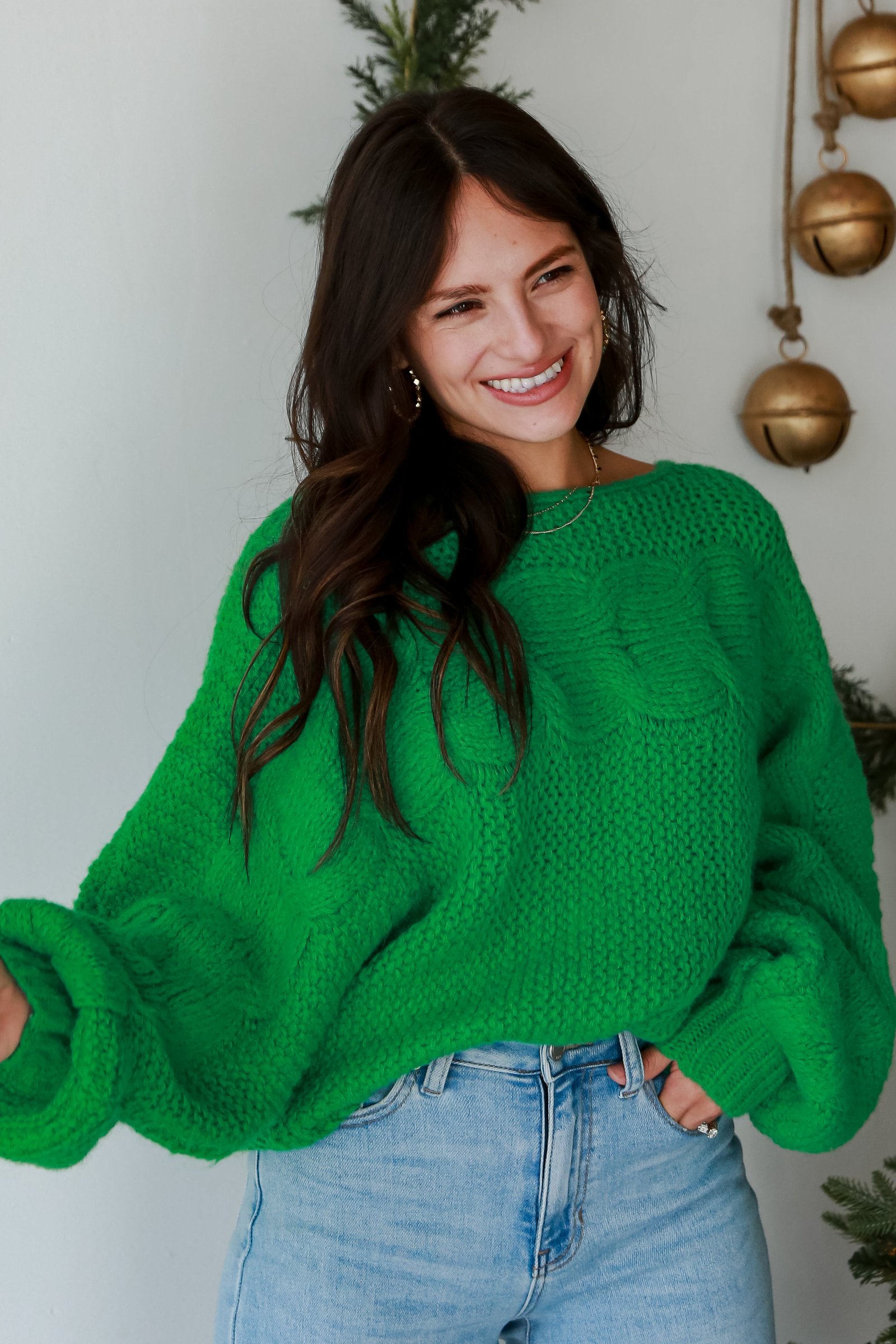 Luxe Outing Kelly Green Cable Knit Oversized Sweater