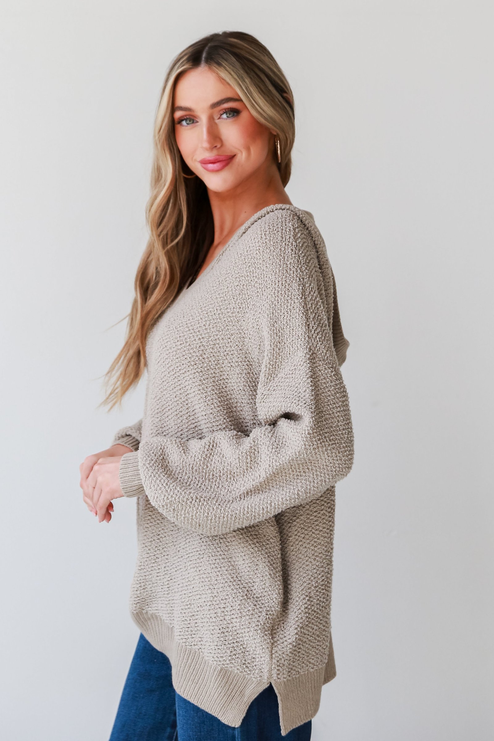 Inviting Comfort Taupe Hooded Oversized Sweater