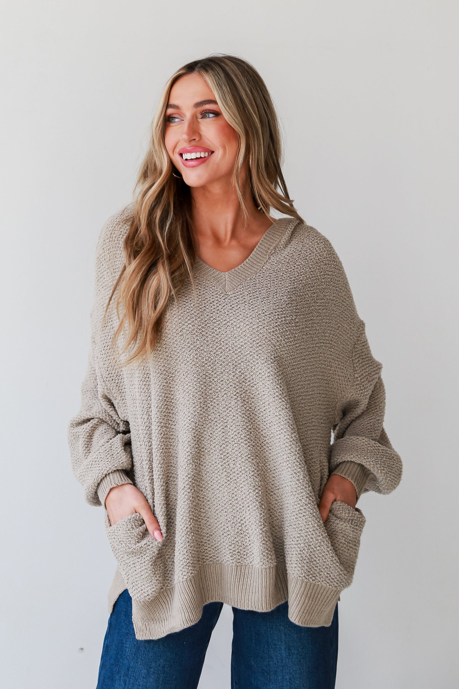 Inviting Comfort Taupe Hooded Oversized Sweater